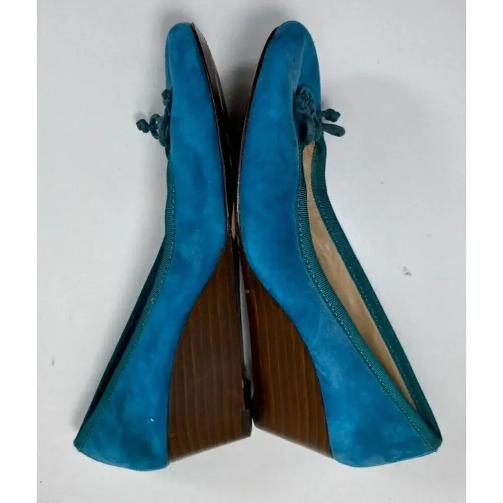 Tory Burch Teal Suede Bow Low Wedge Ballet Pumps Designer Comfort Shoes 5M